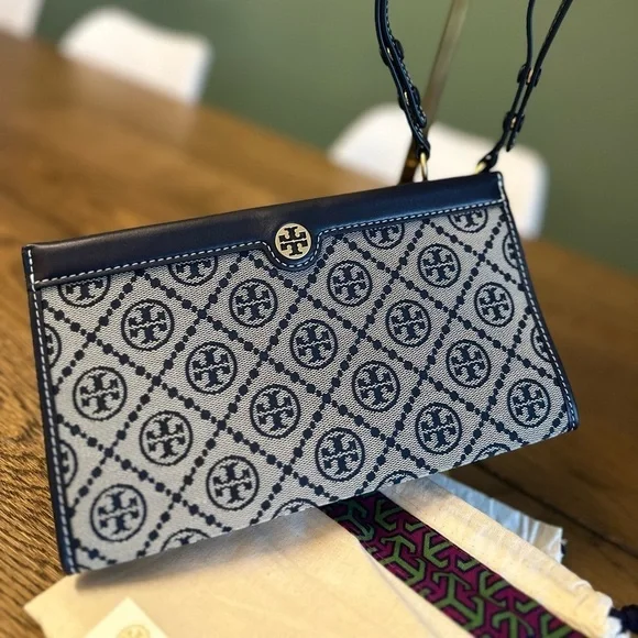 NWT! NEW! Tory Burch T Monogram Jacquard Mini Pouchette Navy 2 in 1 Shoulder Bag - Picture 4 of 16